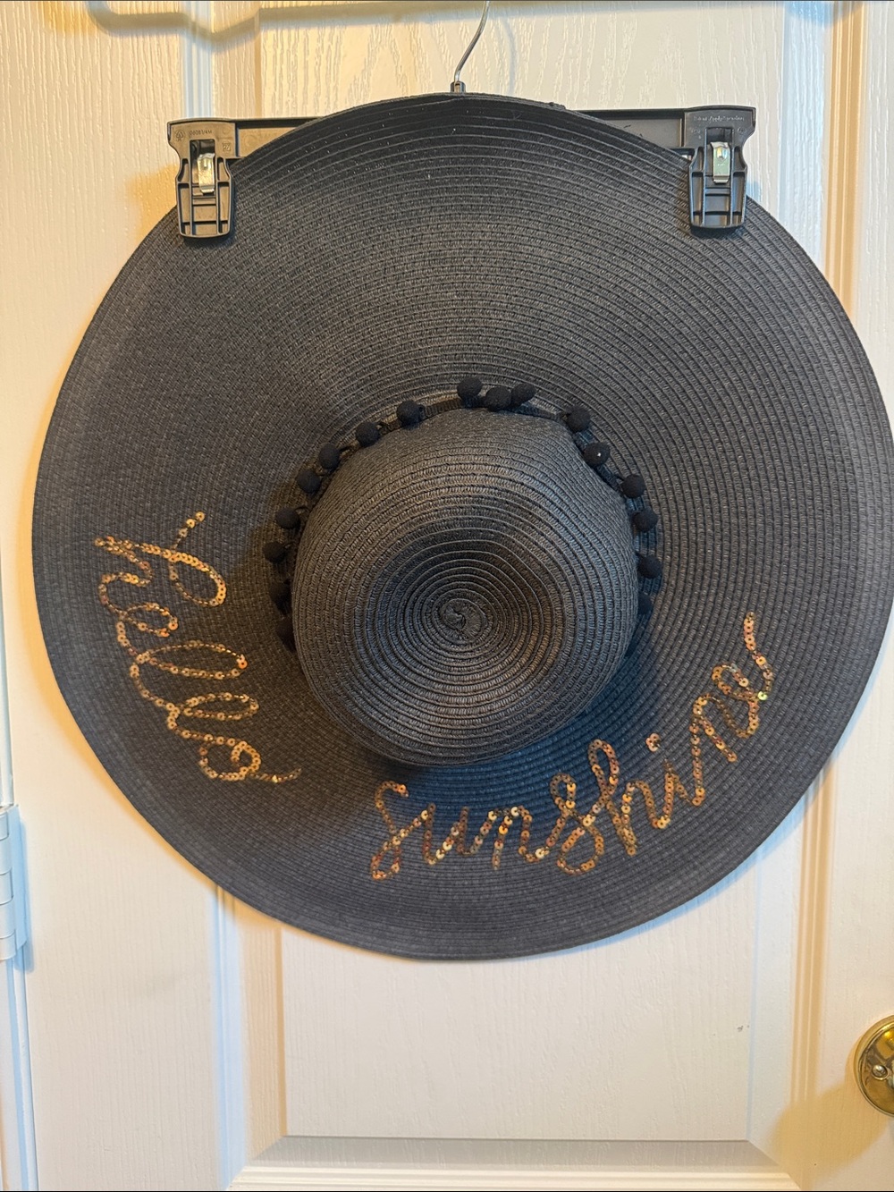 Cato Black Wide Brim Sun Hat with Sequin 'Hello Sunshine'